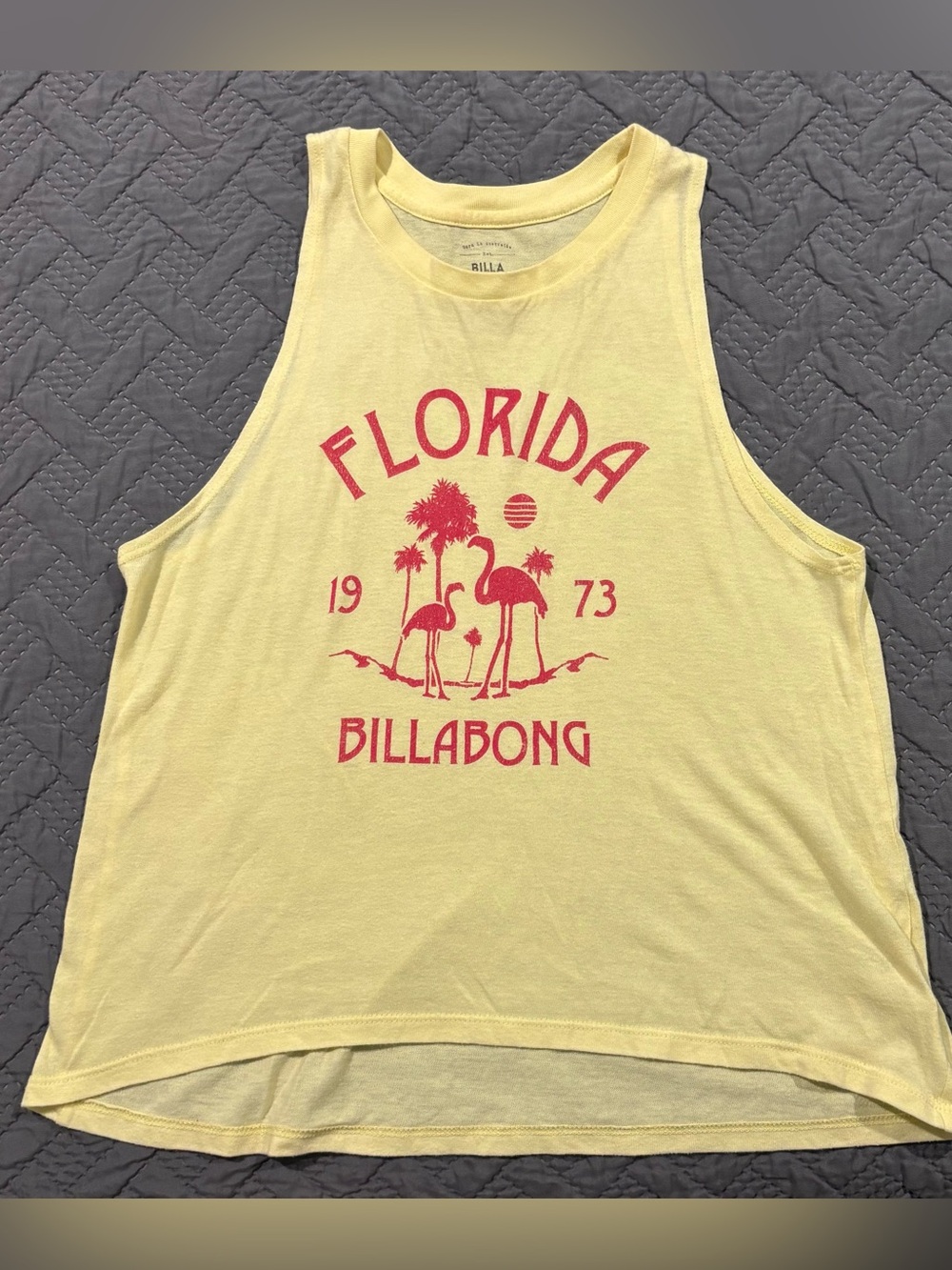 Billabong Yellow Tank Top with Pink Florida Flamingo Graphic